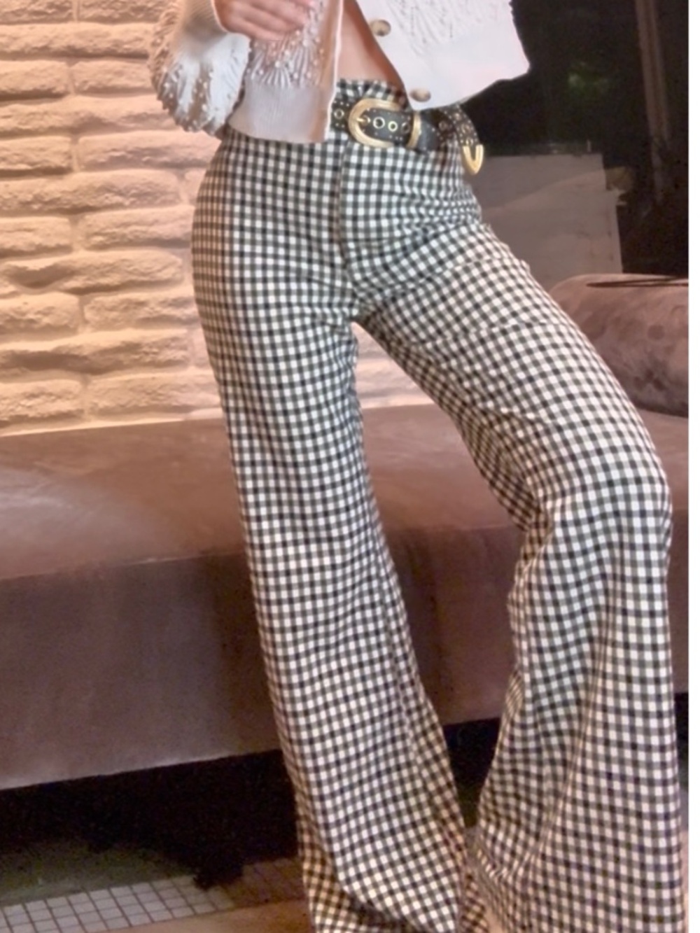 Free People Black & White Gingham High Waist Flare Pants Size 4